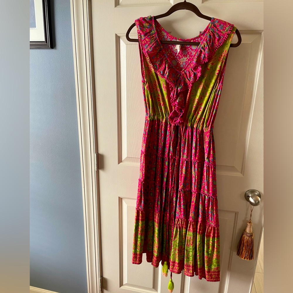 Boho Floral Tiered Maxi Dress in Pink and Green